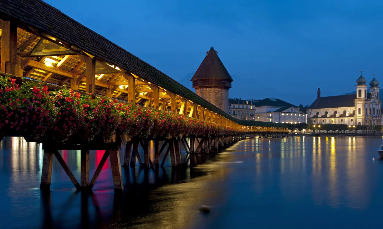 lucerne, chapel bridge, switzerland, огни, вечер, мост