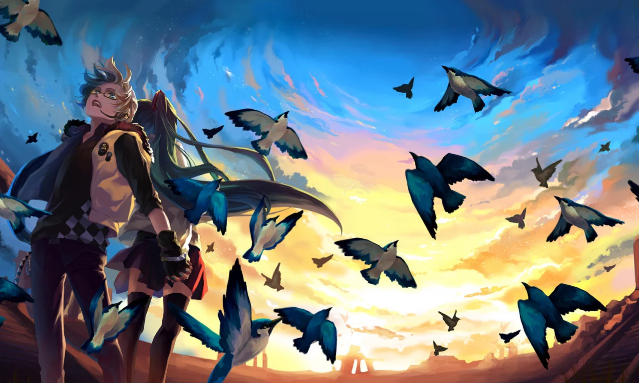 небо, птички, vocaloid, hatsune miku
