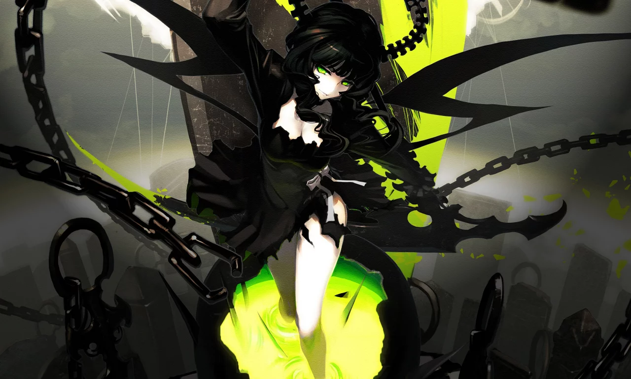 цепи, takanashi yomi, black rock shooter, коса, девушка, столбы