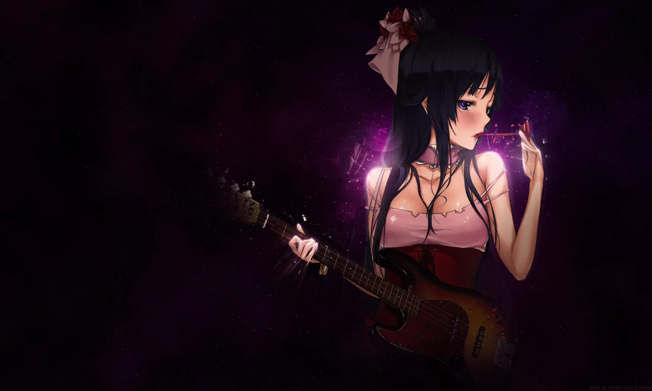 девушка, k-on, гитара, очки, akiyama mio