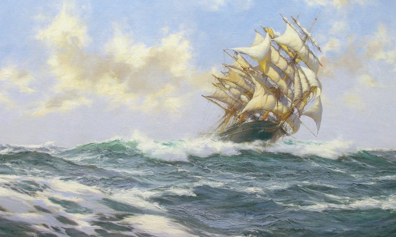 море, парусник, волны, корабль, montague dawson, облака