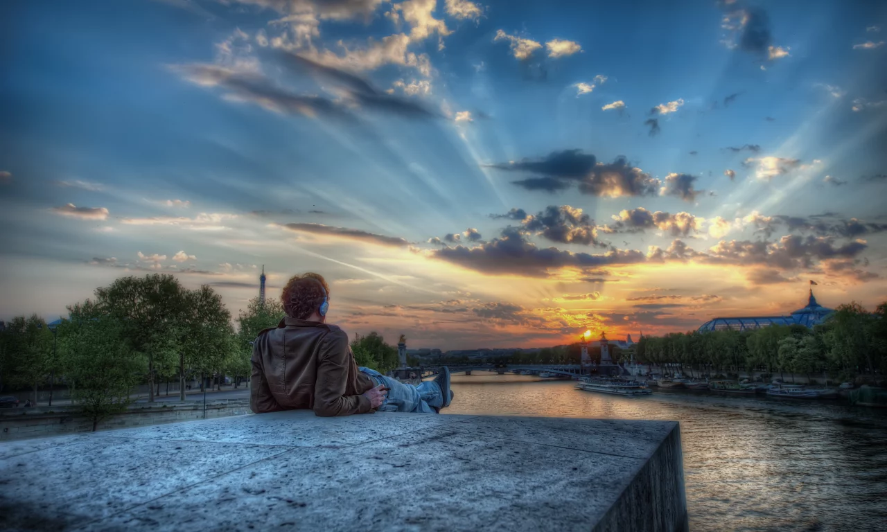 закат, hdr, париж, река