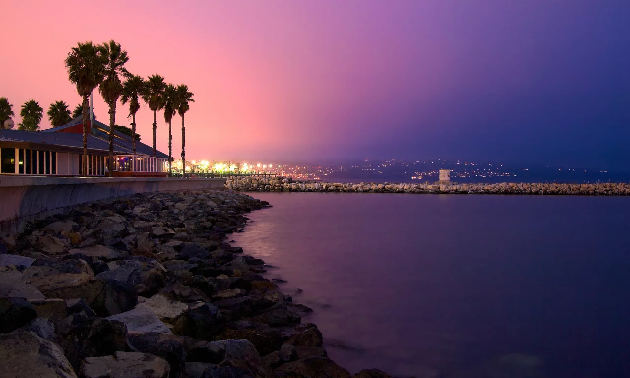 побережье, город, закат, california, пальмы