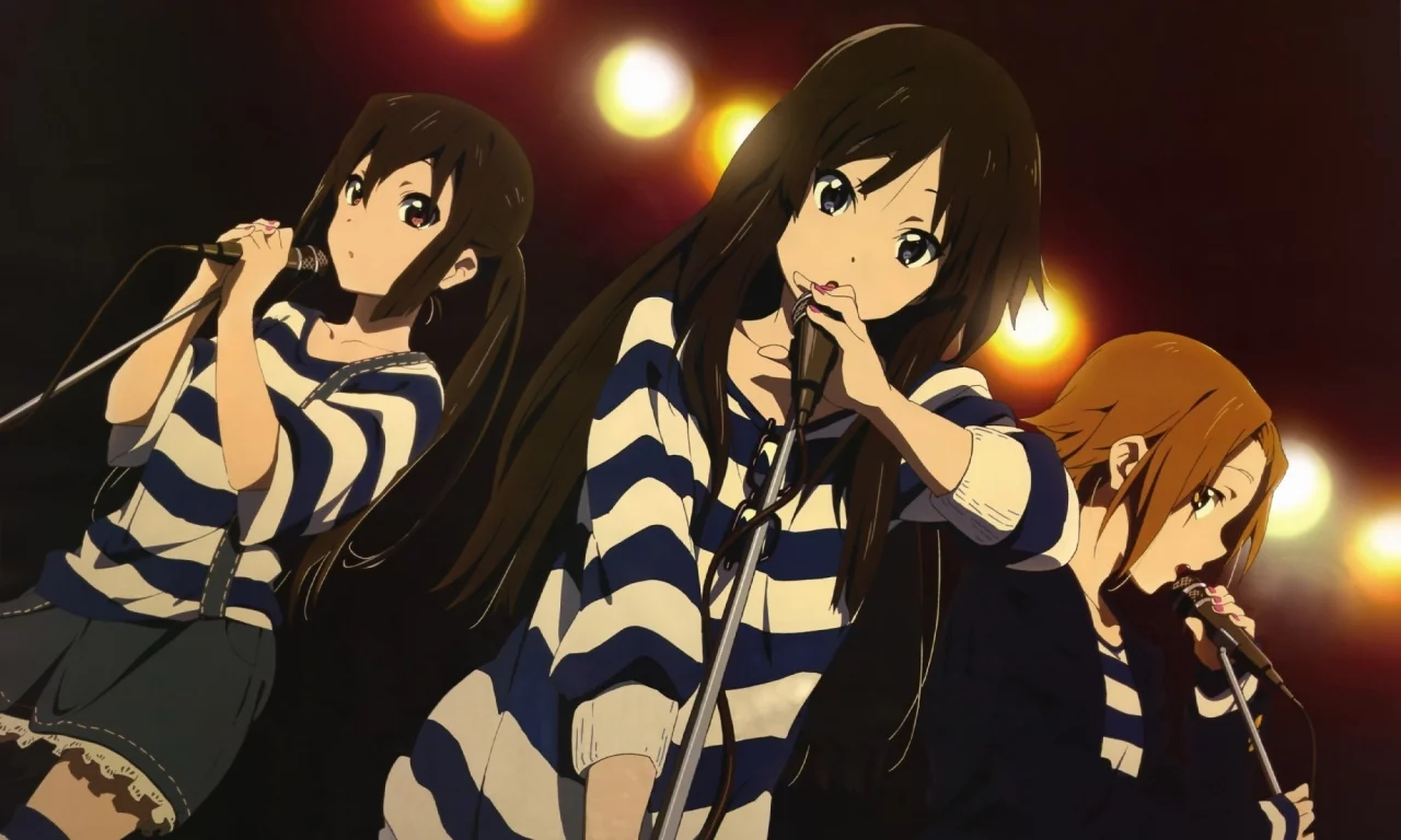 k-on!, микрофоны, тельняшка, девушки, группа, огни