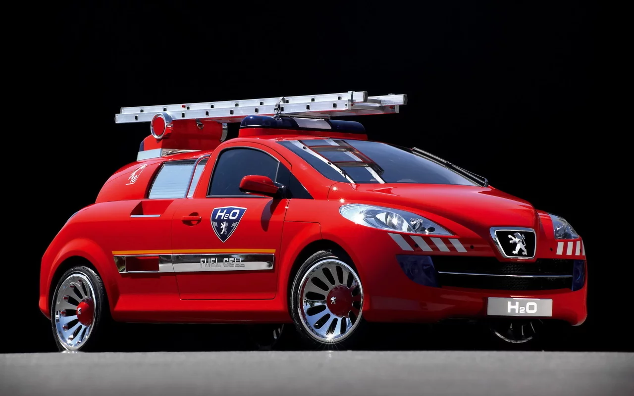 легковой пожарный автомобиль, h2o, пежо, concept, peugeot, красный, мигалки, лестница