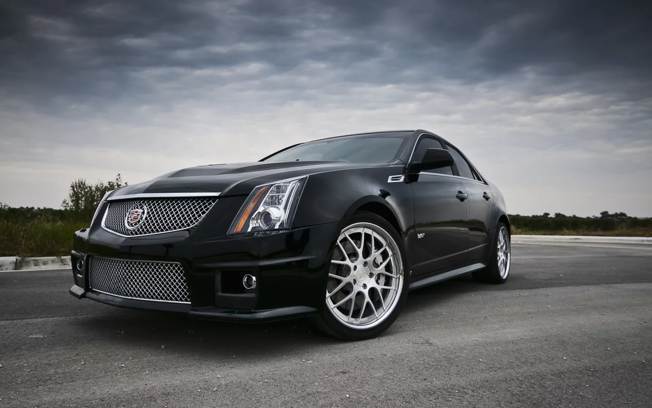 cadillac, тучи, чёрный, передняя часть, кадилак, black, облака, cts, асфальт, небо