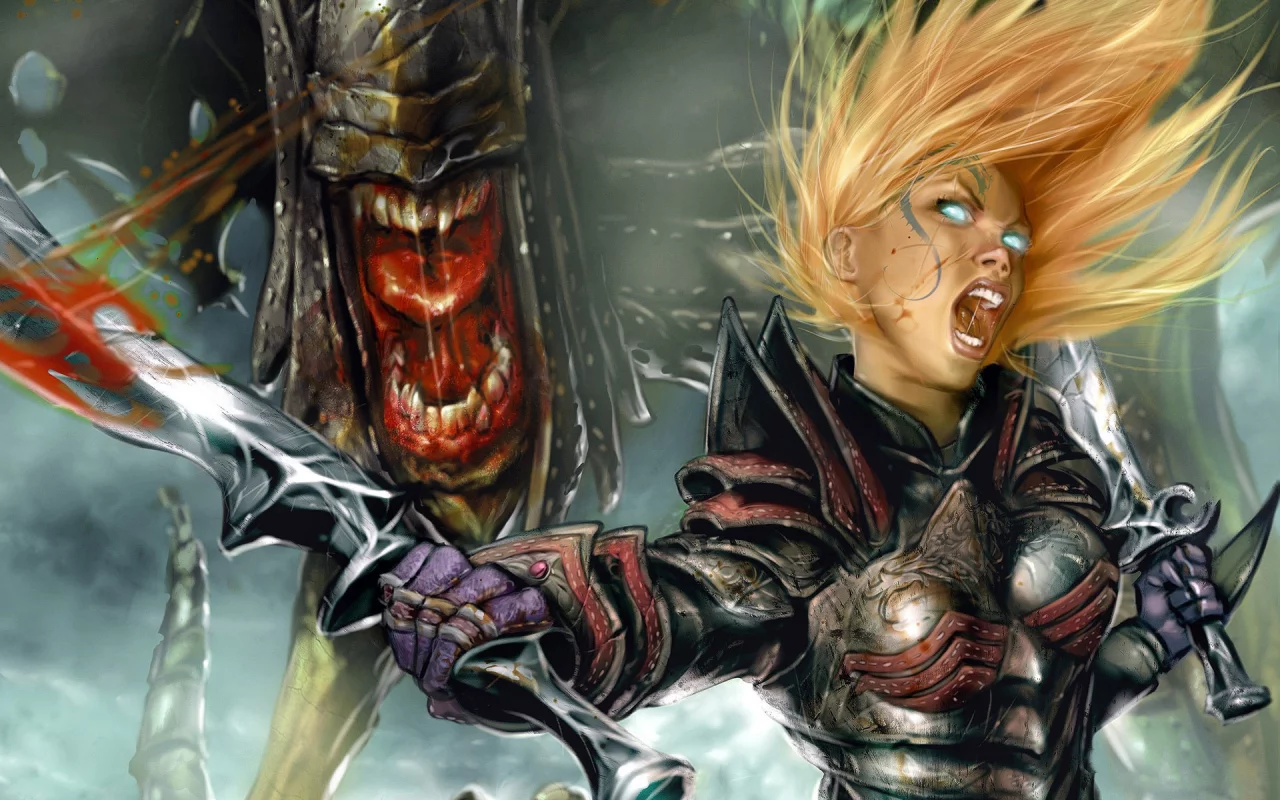 меч, глаза, монстр, оружие, арт, divinity 2, девушка, ярость, доспех, татуировка, кровь