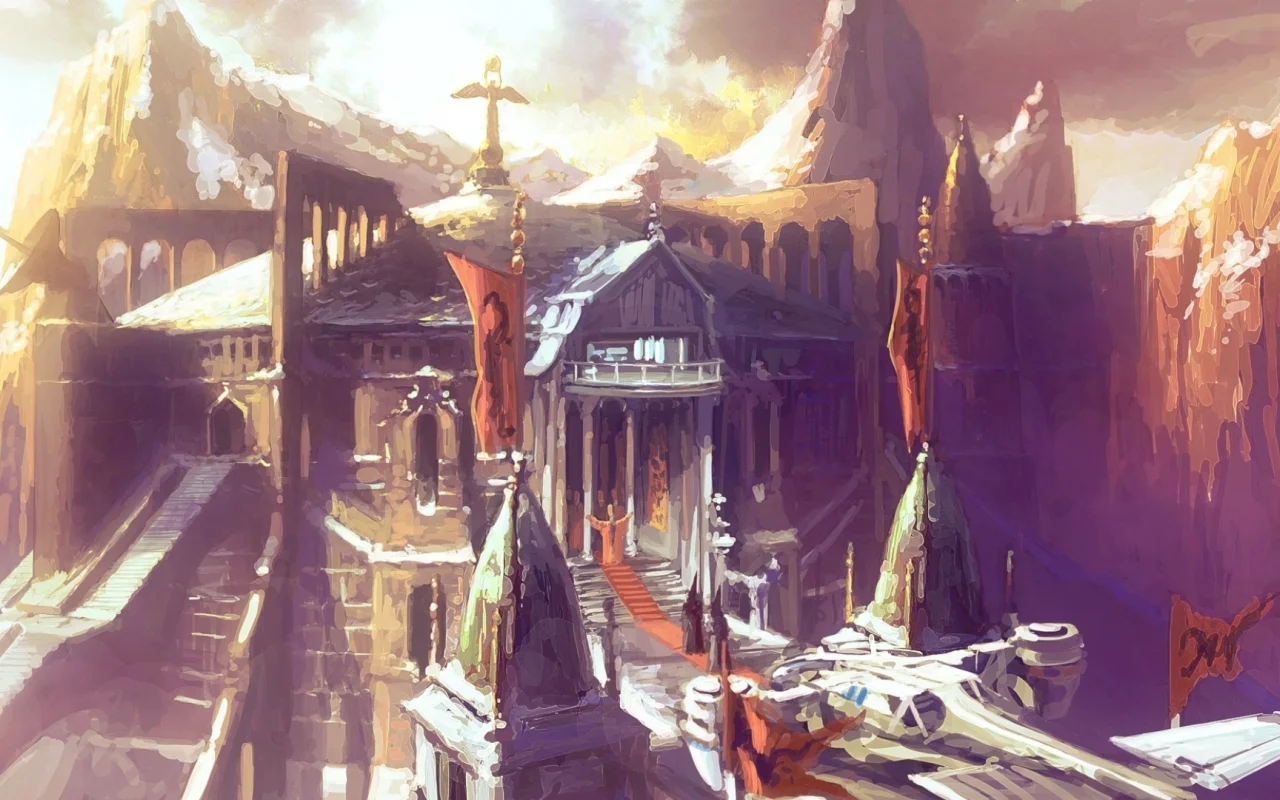 by peteamachree, цитадель, арт, крепость, mountain citadel, флаги, сооружение, фантастика, горы