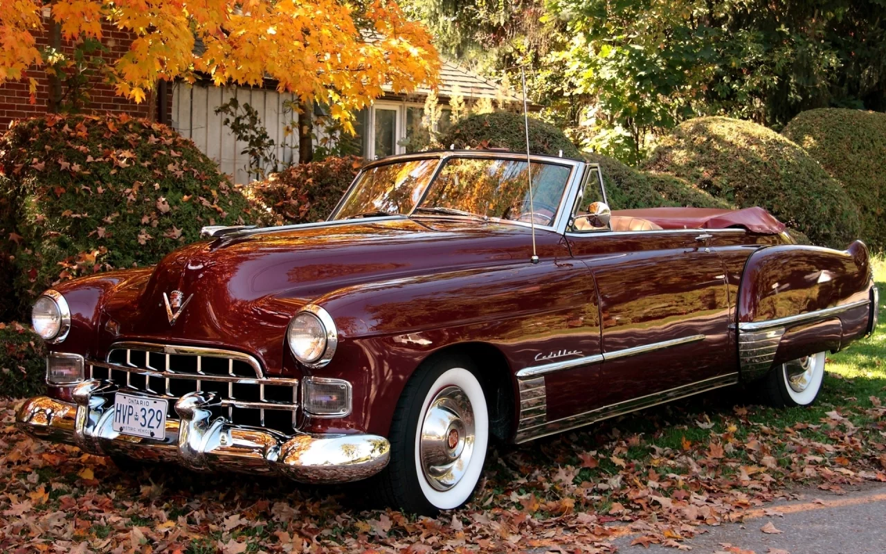convertible, деревья, кадилак, кабриолет, сикститу, листва, 1949, кусты, бордовый, sixty-two, шикарная машина, cadillac