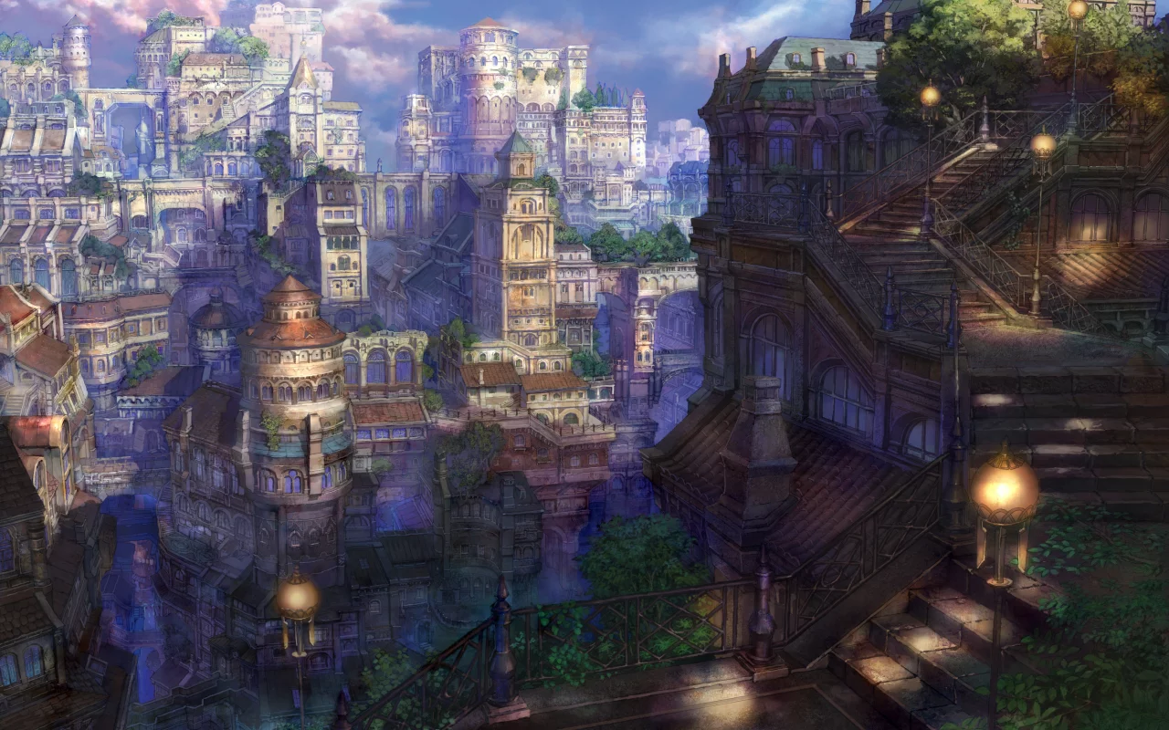 арт, сказочный, лестница, fairytail, город, фонари, мир
