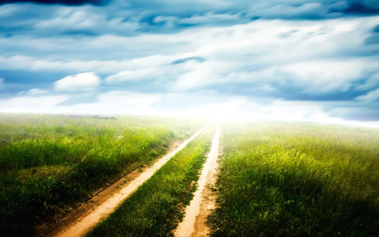 колея, поле, green pathway, облака, горизонт, дорога, просёлочная