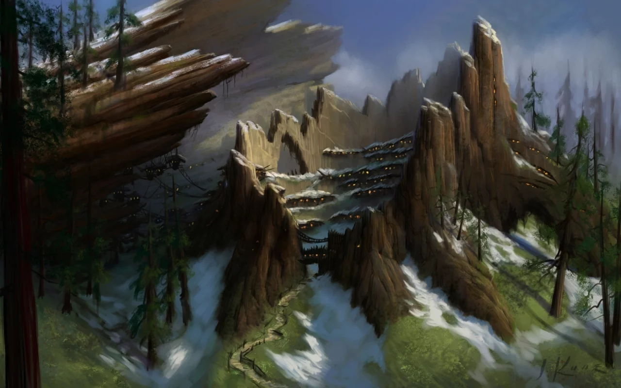 деревня, гигантский, world of warcraft, лес, арт, дома, пень, дерево, снег