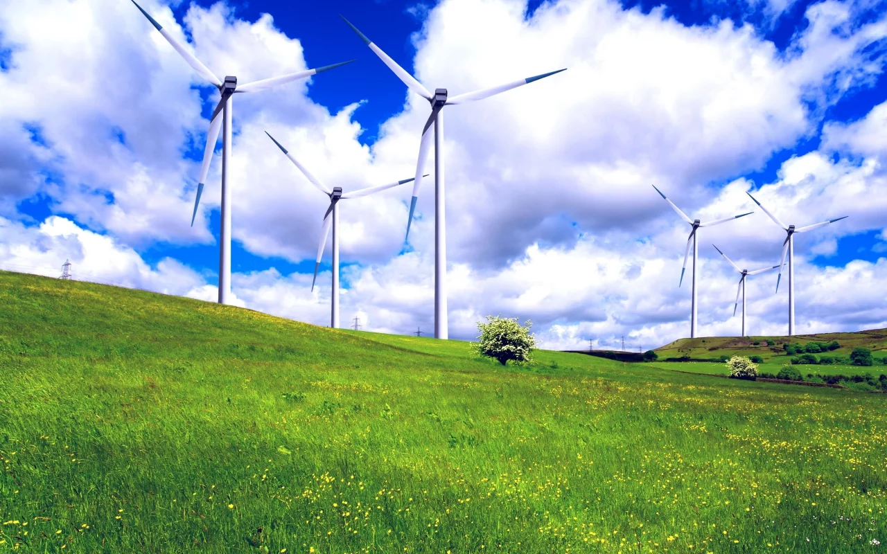 ветрогенераторы, поляна, трава, пейзаж, голубое, облака, зелёная, wind land, небо