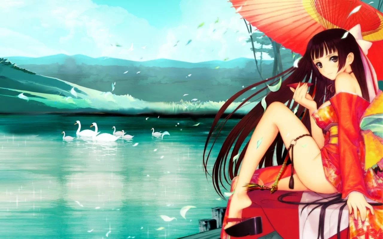 озеро, чаша, девушка, природа, зонт, tony taka ecchi, лебеди