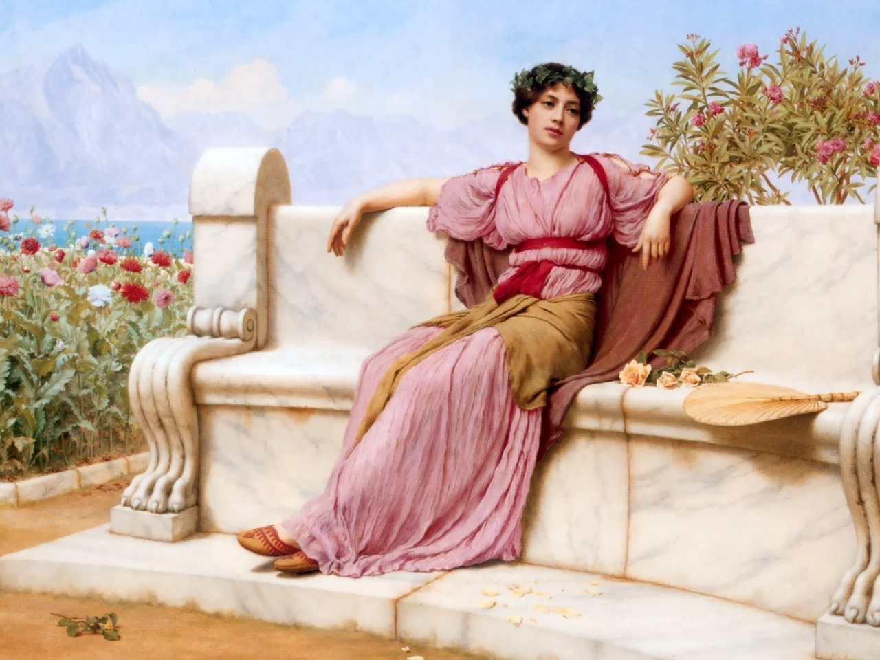 девушка, картина, рисунок, john william godward, сидит