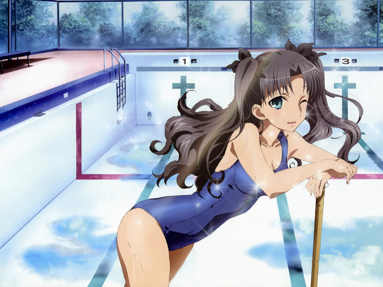 аниме, rin tohsaka, купальник, fate stay night, бассейн, плавание