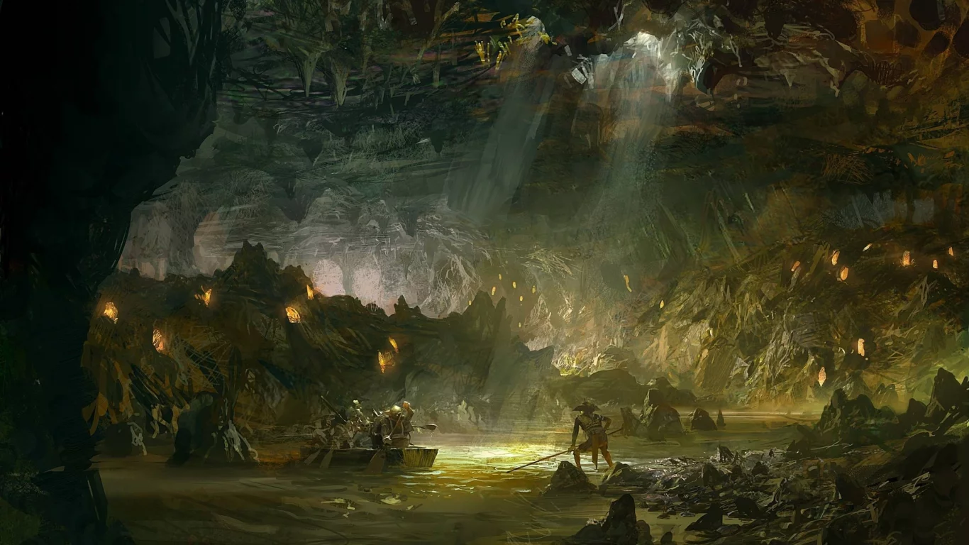 guild wars 2, пещера, лодка, река, подземная, гоблины