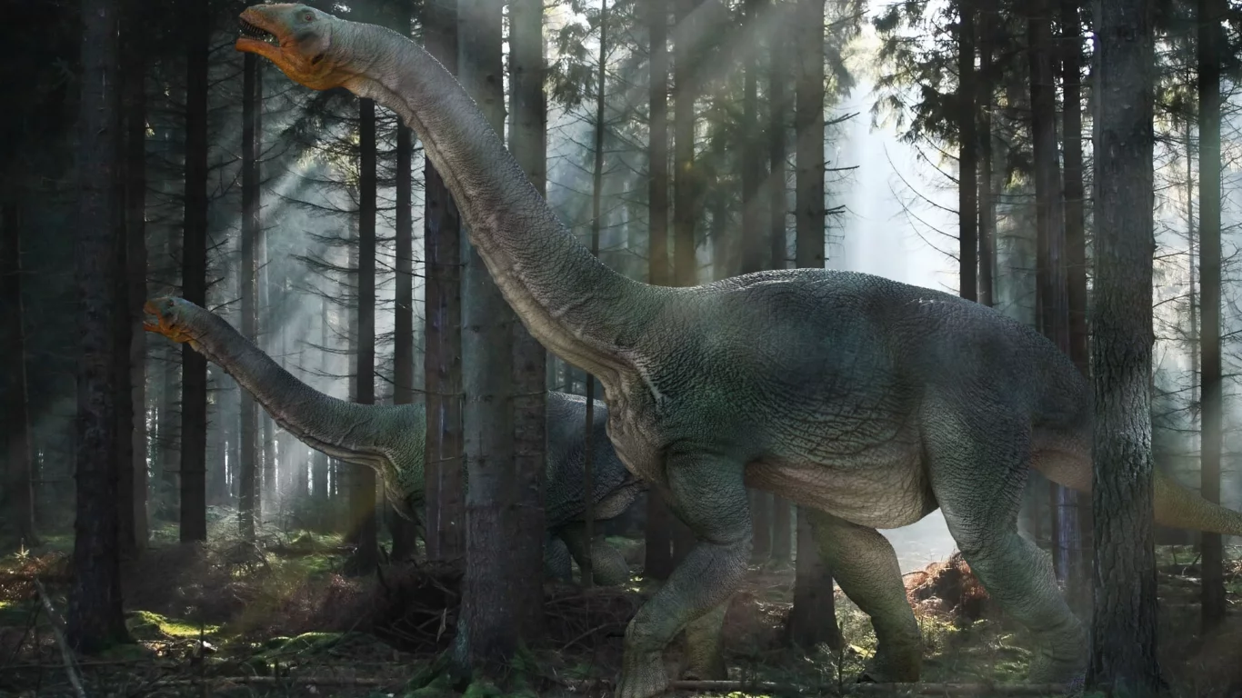 свет, лес, nemegtosaurs, динозавры, лучи
