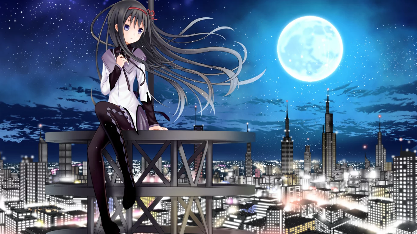 здания, mahou shoujo madoka magica, огни, луна, ночь, ветер, девушка, город
