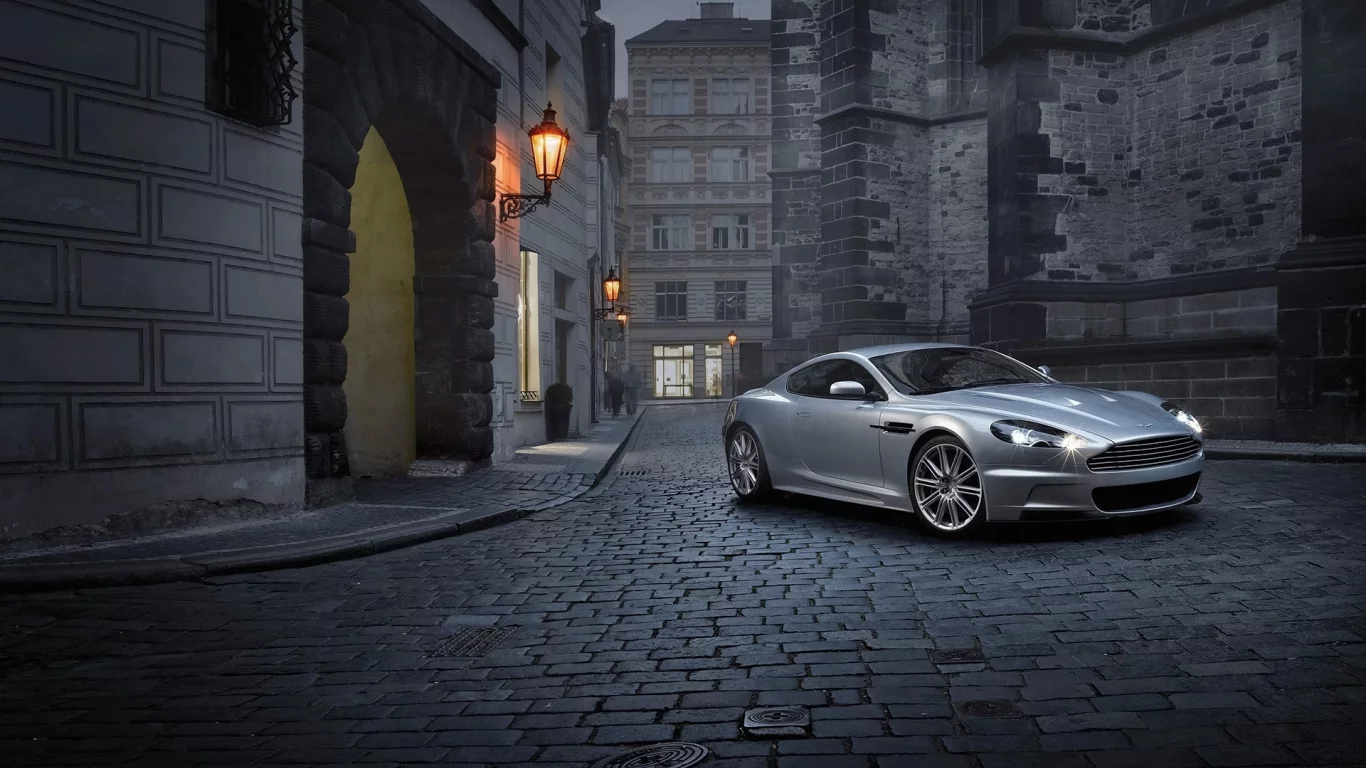 aston martin, вечер, астон мартин, город, улица, dbs, фонарь