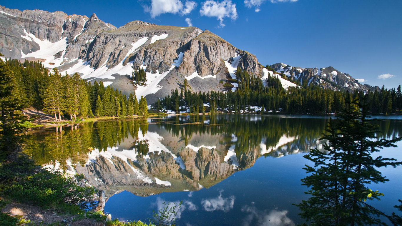 озеро, отражение, деревья, горы