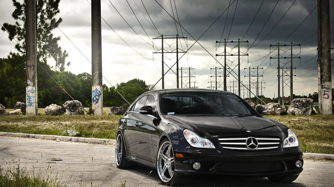 mercedes, мерседес, чёрный, высоковольтные столбы, black, небо, тучи
