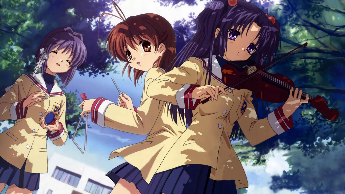 кланнад, синие волосы, музыкант, школа, аниме, темные волосы, clannad, anime, девочки, юбка, деревья, улыбка, скрипка, глаза, обои