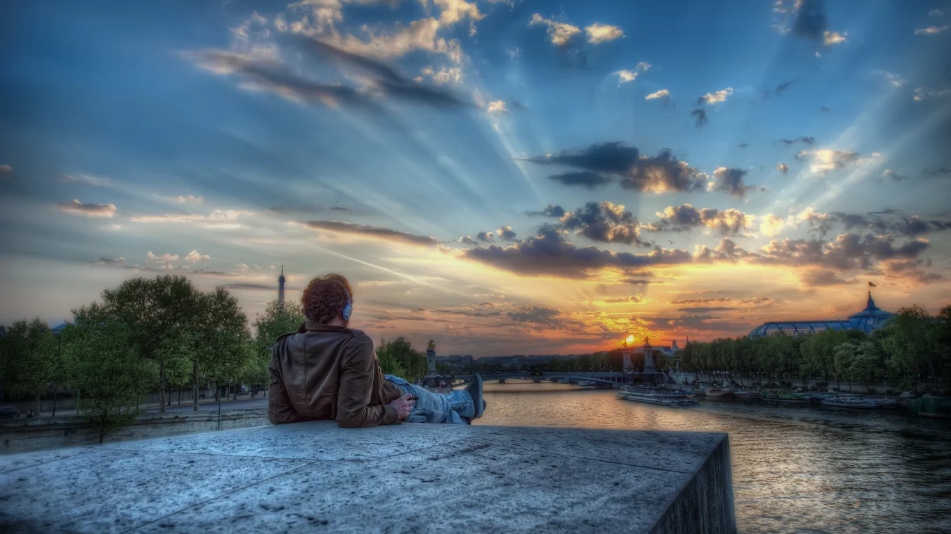 закат, hdr, париж, река