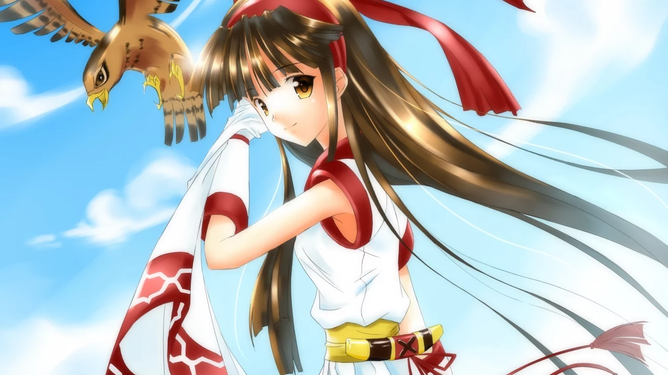 небо, nakoruru, птица, samurai spirits, девушка, ame no uta (artist), самурай