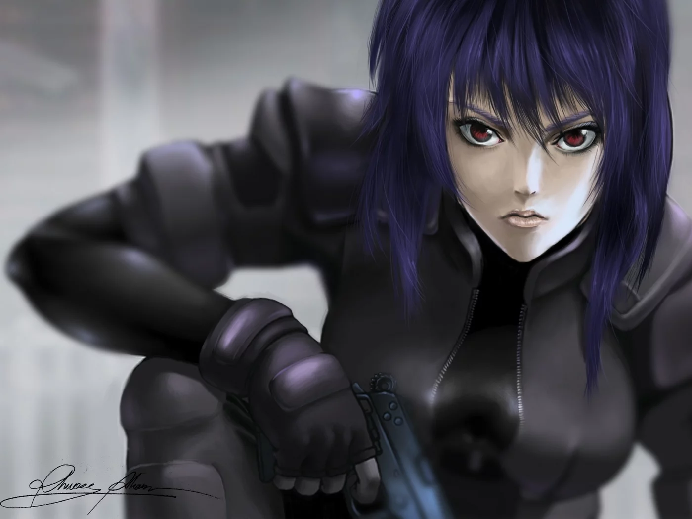 kusanagi motoko, пистолет, ghost in the shell, девушка, арт, оружие