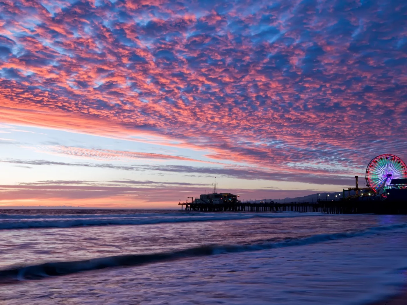 santa monica, море, вечер, горизонт, штат калифорния, санта - моника, сша, побережье, пирс, закат, небо
