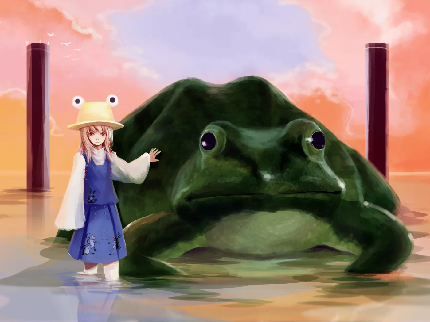 touhou, птицы, вода, колонны, облака, шляпа, лягушка, moriya suwako, жаба, девочка