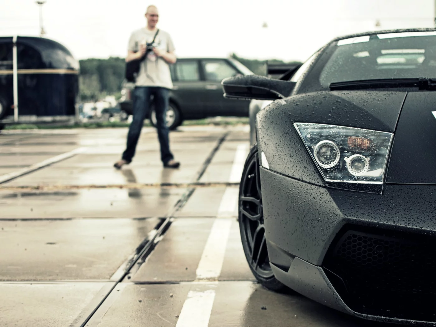 капот, lamborghini, дождь, фара