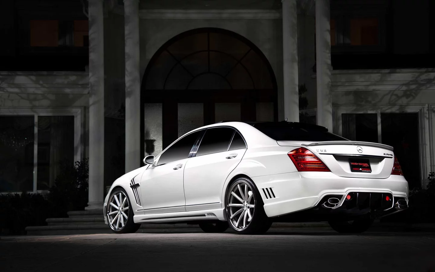 мерседес, белый, ночь, mercedes, s class, тюнинг