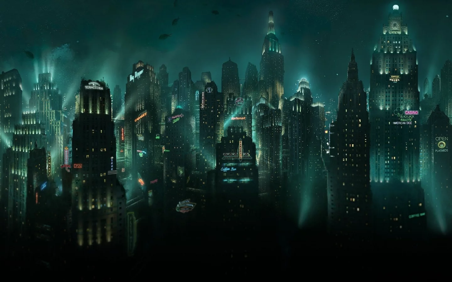 рыбы, небоскребы, подводный, восторг, город, вывески, bioshock, огни