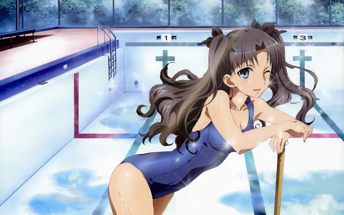 аниме, rin tohsaka, купальник, fate stay night, бассейн, плавание