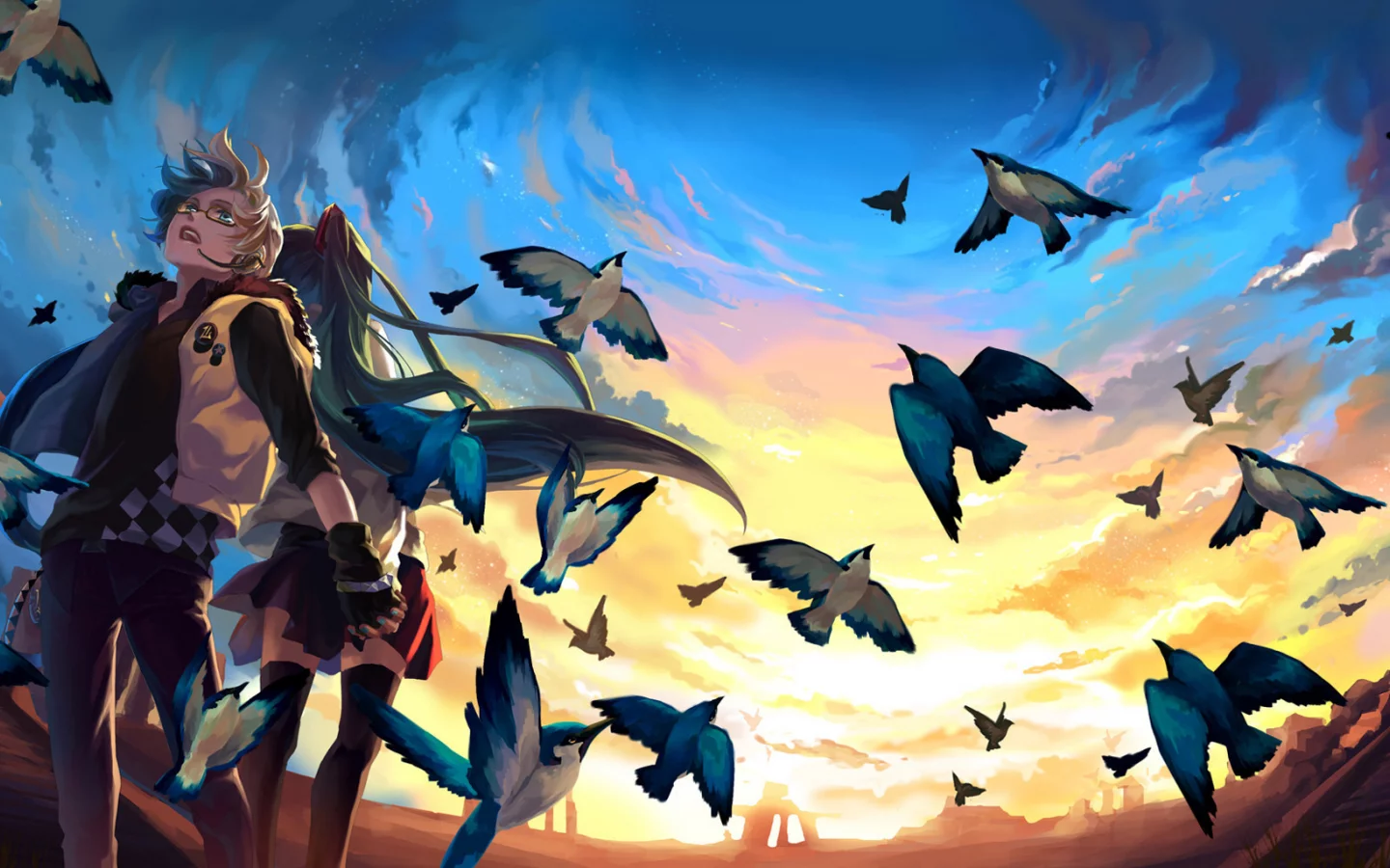 небо, птички, vocaloid, hatsune miku