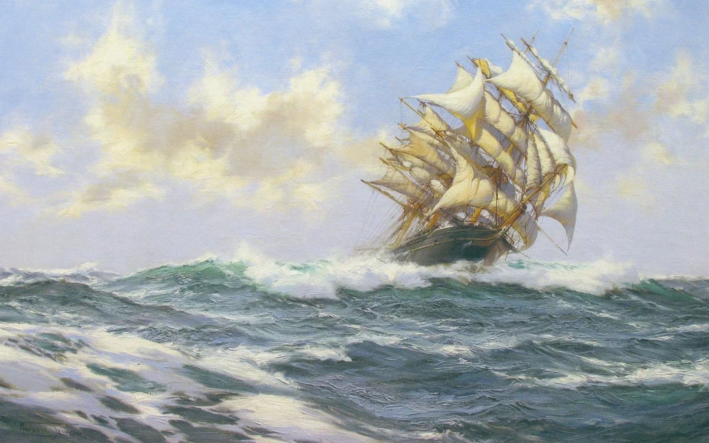 море, парусник, волны, корабль, montague dawson, облака