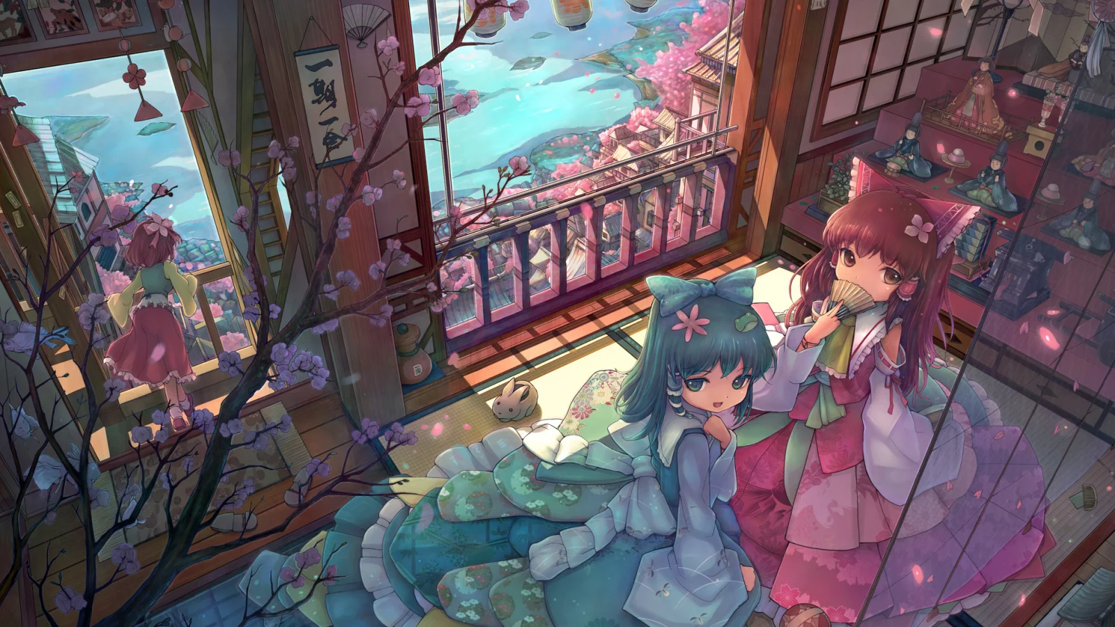 веер, сакура, фонари, девочки, дом, touhou, балкон, цветы, подруги, комната