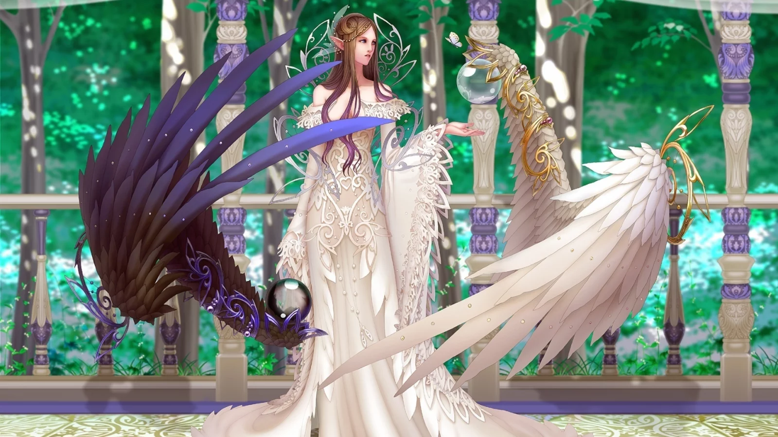 колонны, dinah, fallen angel, белое и чёрное, game wallpapers, крылья, wen m, cg wallpapers, девушка, wings, anima beyond fantasy, балкон, эльф, black & white, перила, деревья, ангел
