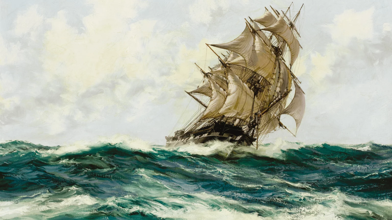 montague dawson, море, волны, парусник