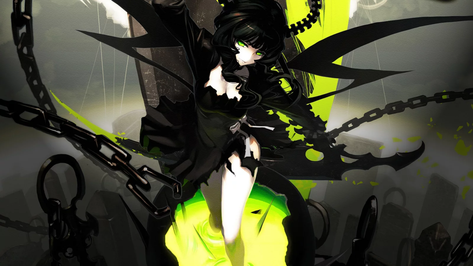 цепи, takanashi yomi, black rock shooter, коса, девушка, столбы