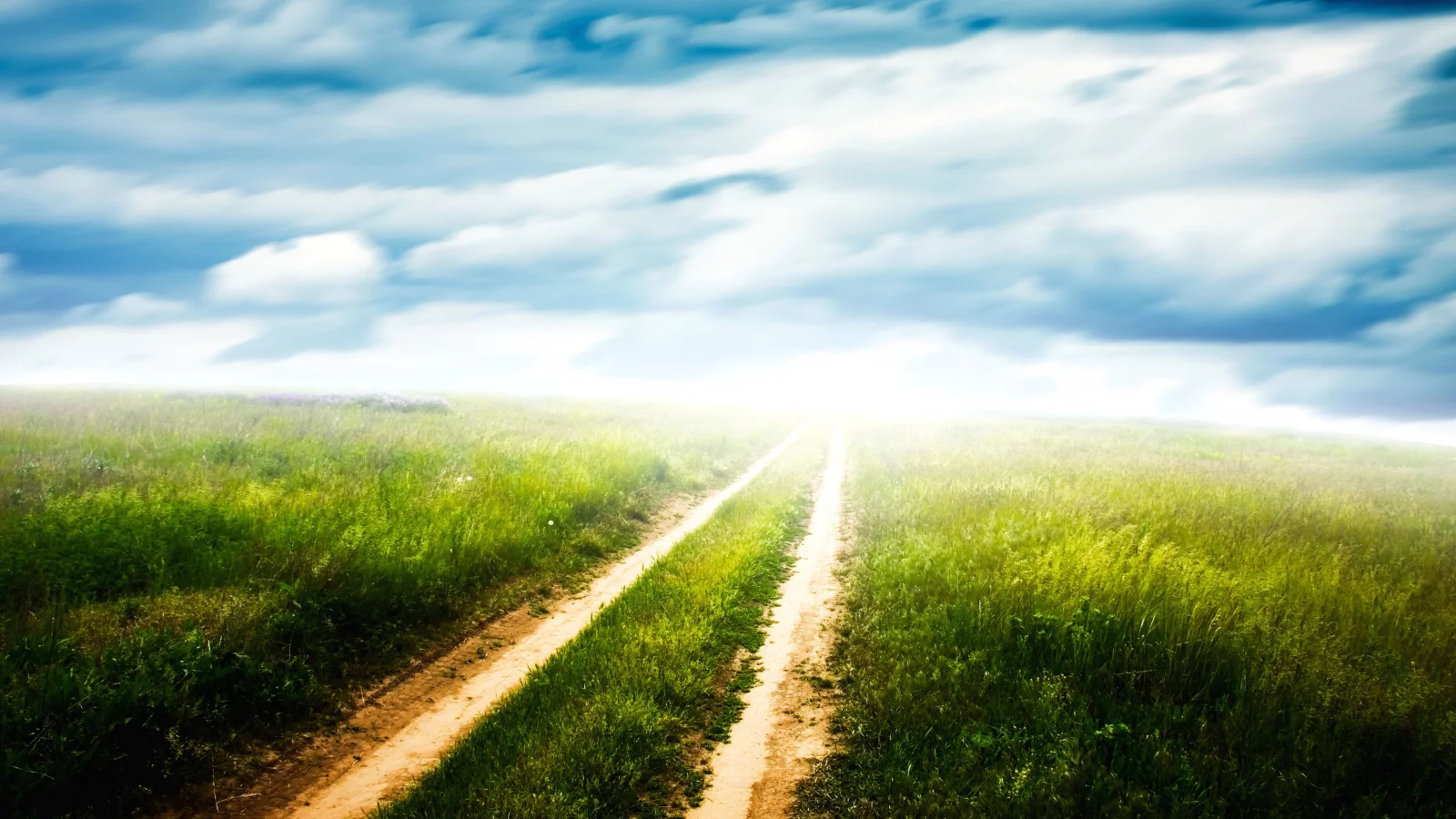 колея, поле, green pathway, облака, горизонт, дорога, просёлочная