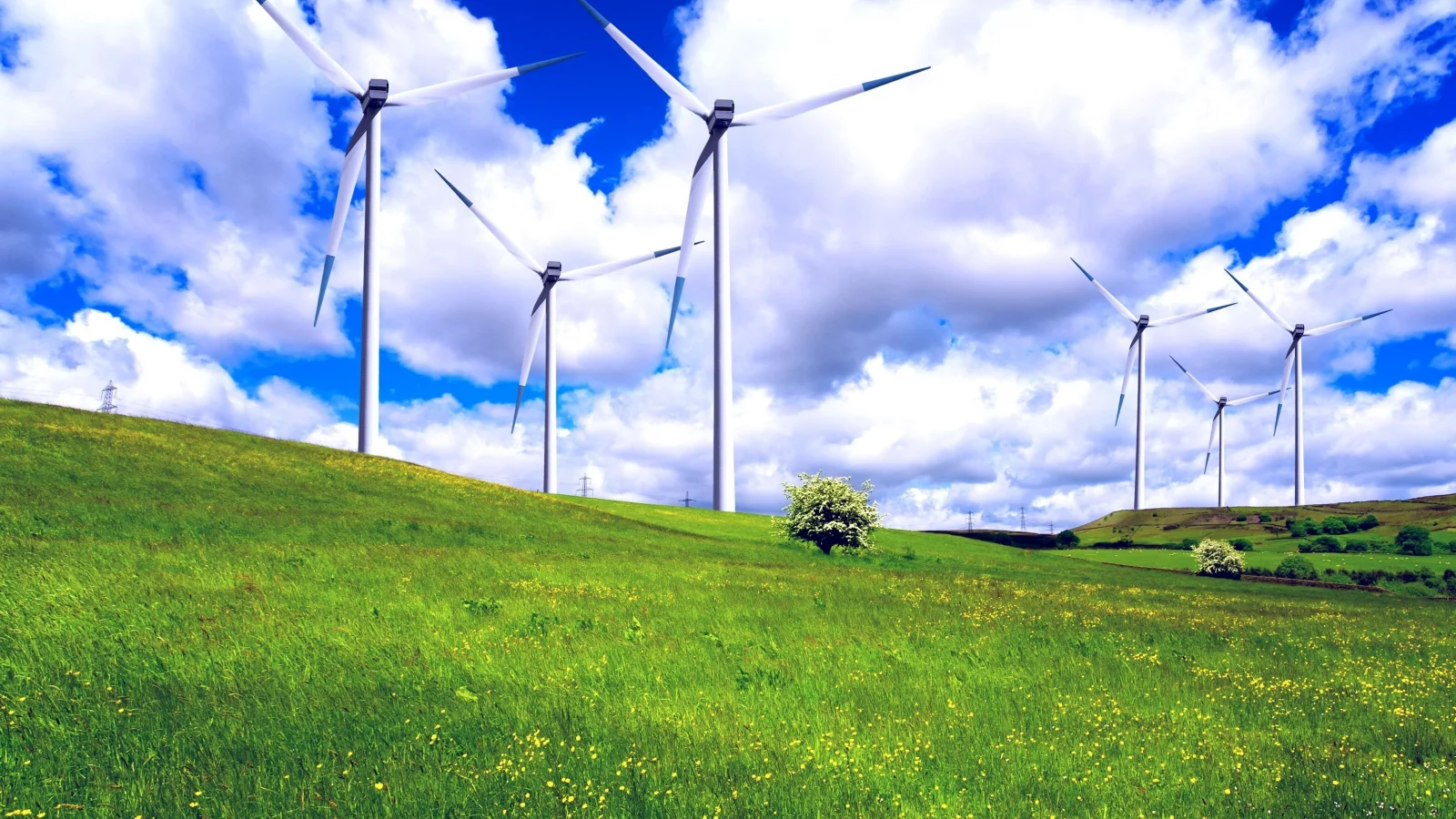 ветрогенераторы, поляна, трава, пейзаж, голубое, облака, зелёная, wind land, небо