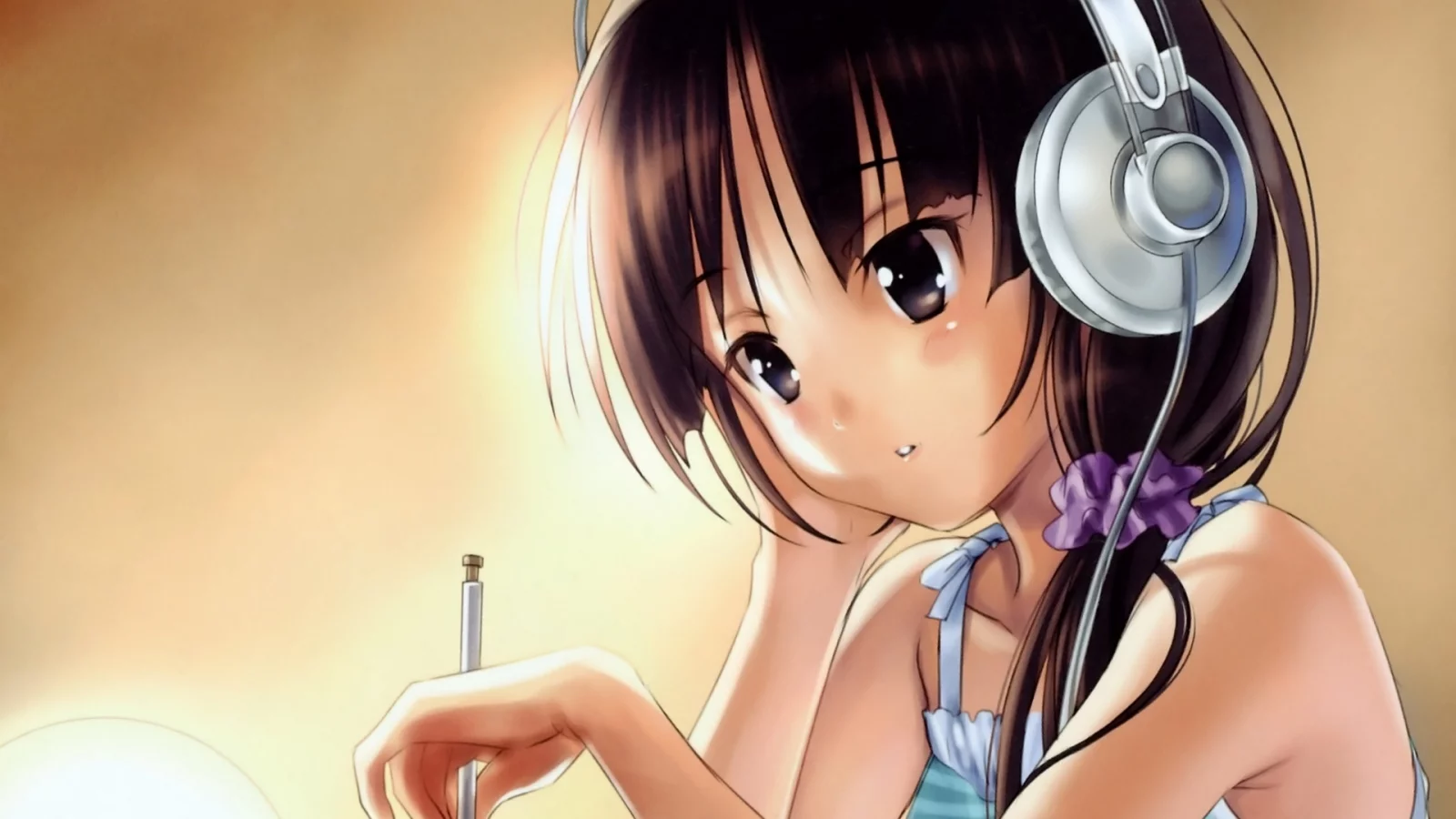 карандаш, akiyama mio, k-on!, сидит, девушка, наушника