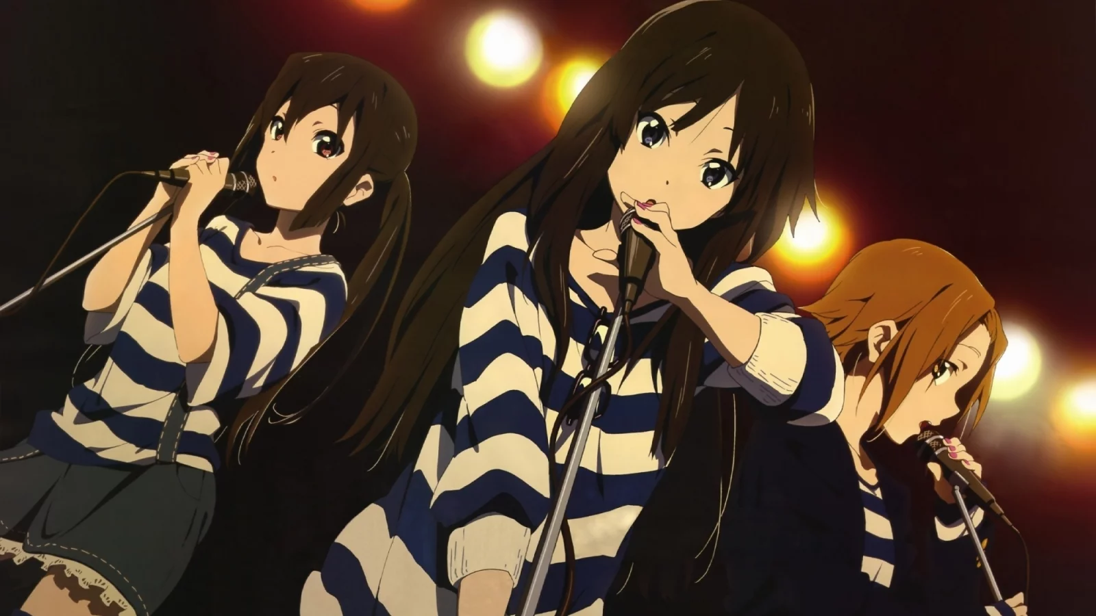k-on!, микрофоны, тельняшка, девушки, группа, огни