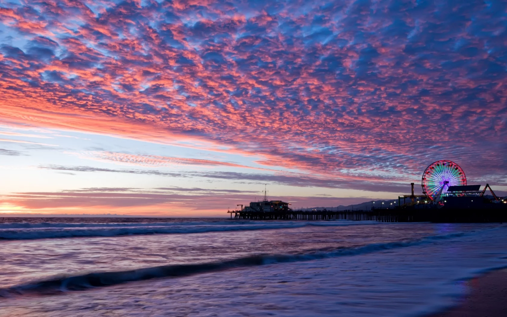 santa monica, море, вечер, горизонт, штат калифорния, санта - моника, сша, побережье, пирс, закат, небо