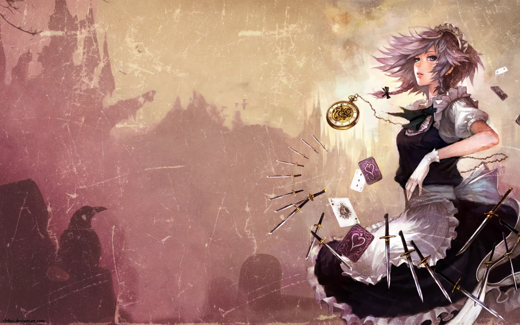 ножи, izayoi sakuya, часы, карты