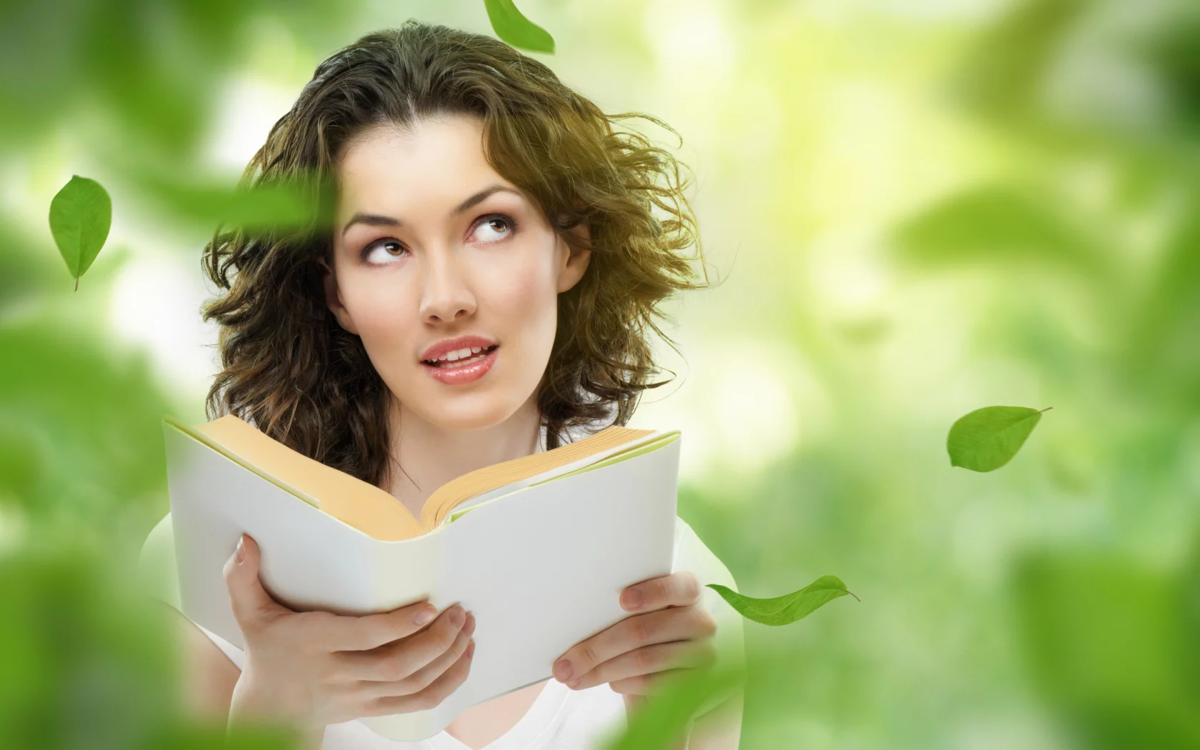 природа, листья, книга, девушка