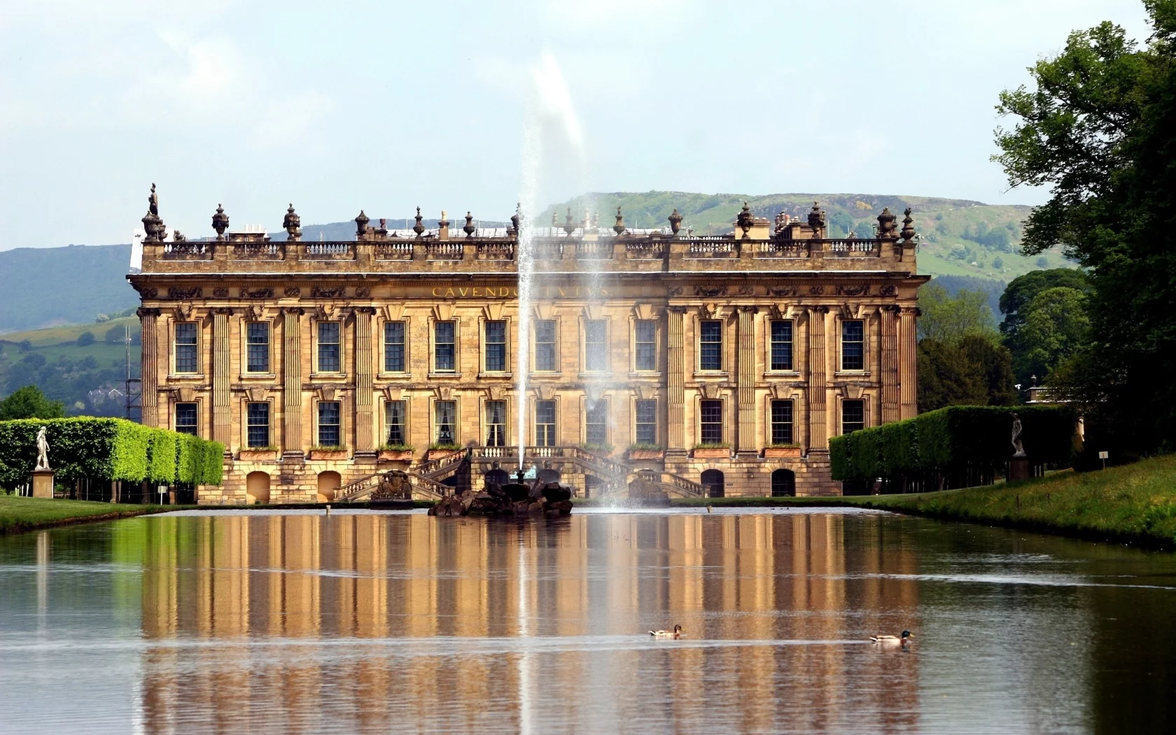 фонтан, англия, дворец, замок, утки, девоншир, чатсворт, chatsworth house, england, поместье
